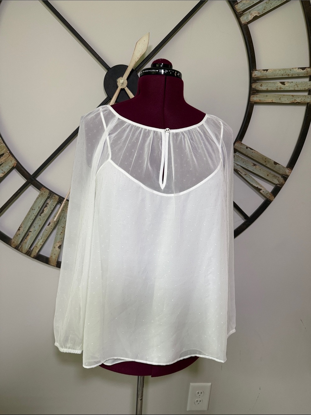 Point Sur J. Crew Sheer White Long-Sleeve Blouse with Keyhole Back & Sparkles